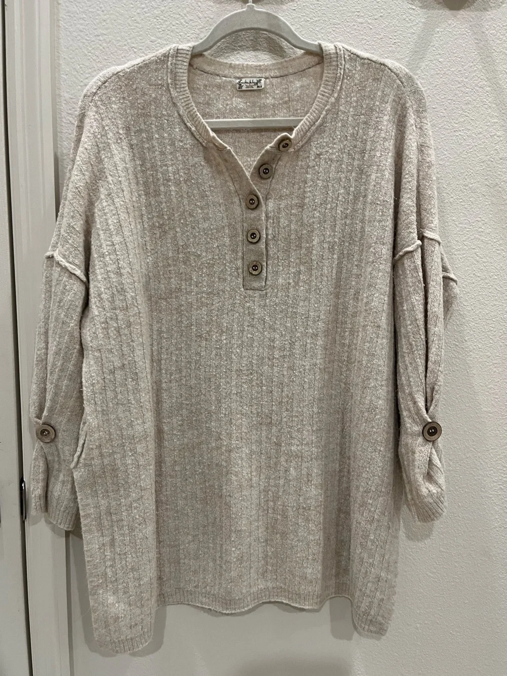 Free People Oatmeal Ribbed Henley Tunic with Button Accents
